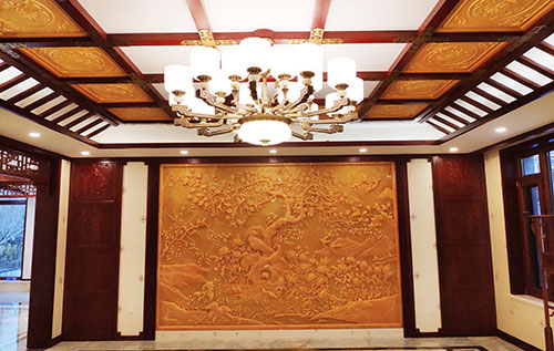 清流中式别墅客厅中式木作横梁吊顶装饰展示